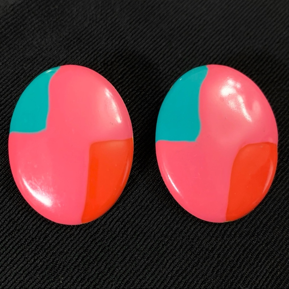 Vintage 80’s Big Color Block Pink Blue Enamel Post Earrings